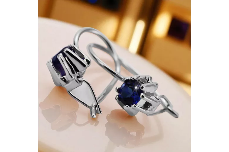 Стерлингово сребро 925 14k 583 Sapphire Обеци vec053s Руски Съветски СССР Винтидж бижута Ар-деко style